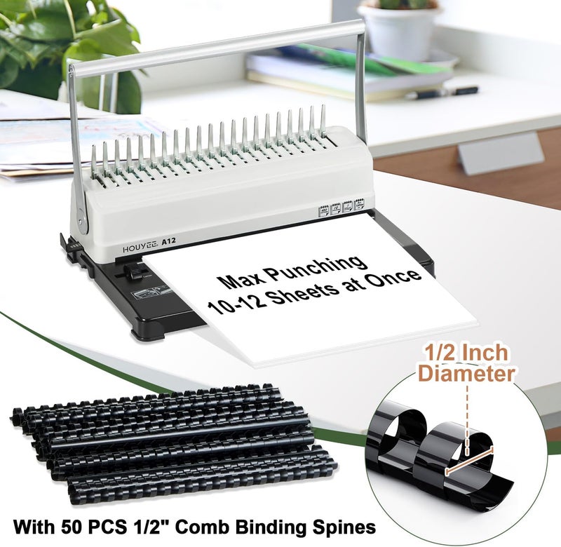 HOUYEE Store Binding Machine, 19 Holes, 450 Sheets, Comb Binding Machines with 50 PCS 1/2" Comb Binding Spines, Comb Binder Machine for Letter Size Paper，Adjustable Margin - Image 5